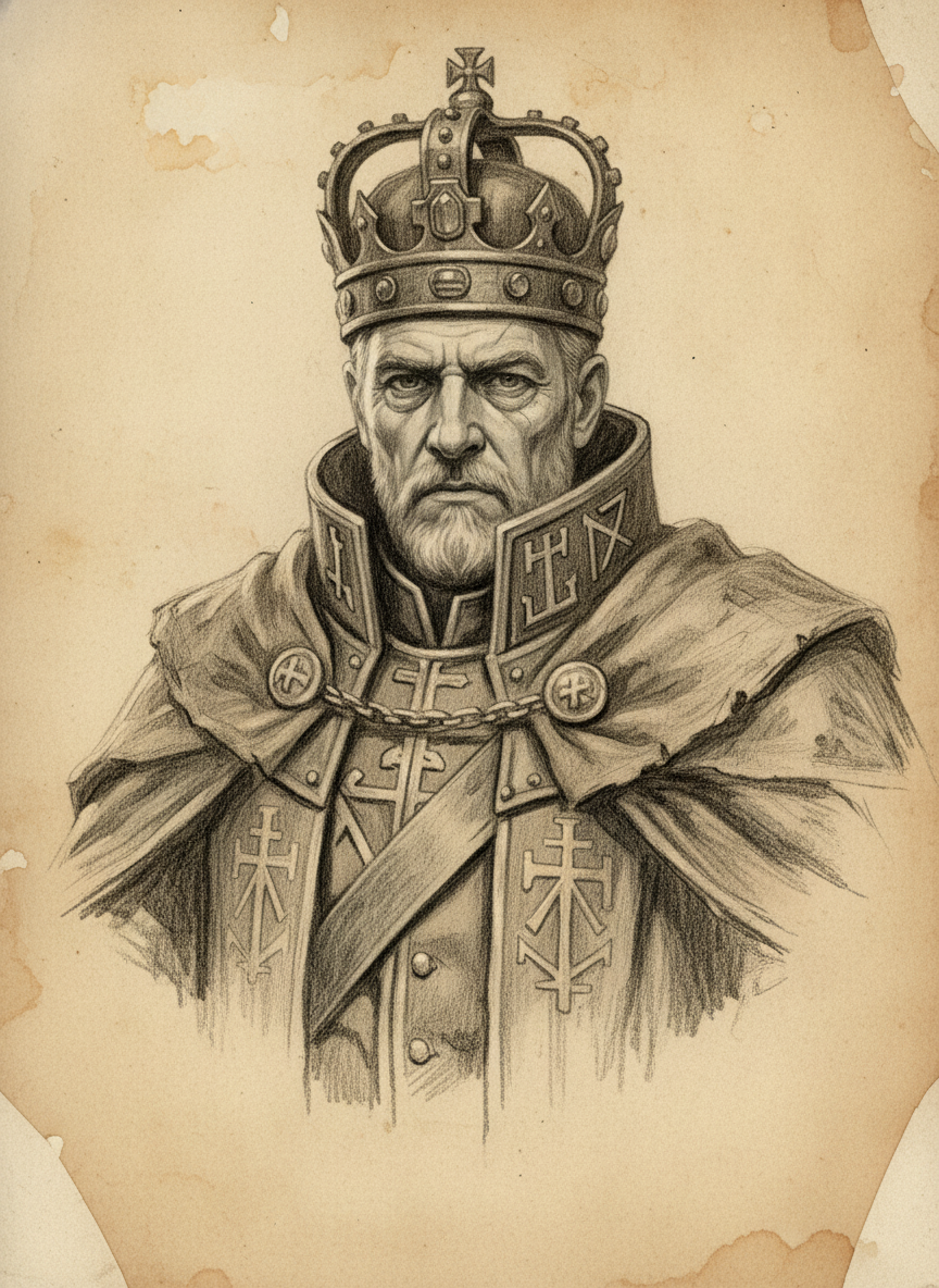 Black and white pencil dossier portrait of King-Warden Aldric III, shown head and shoulders on vellum.