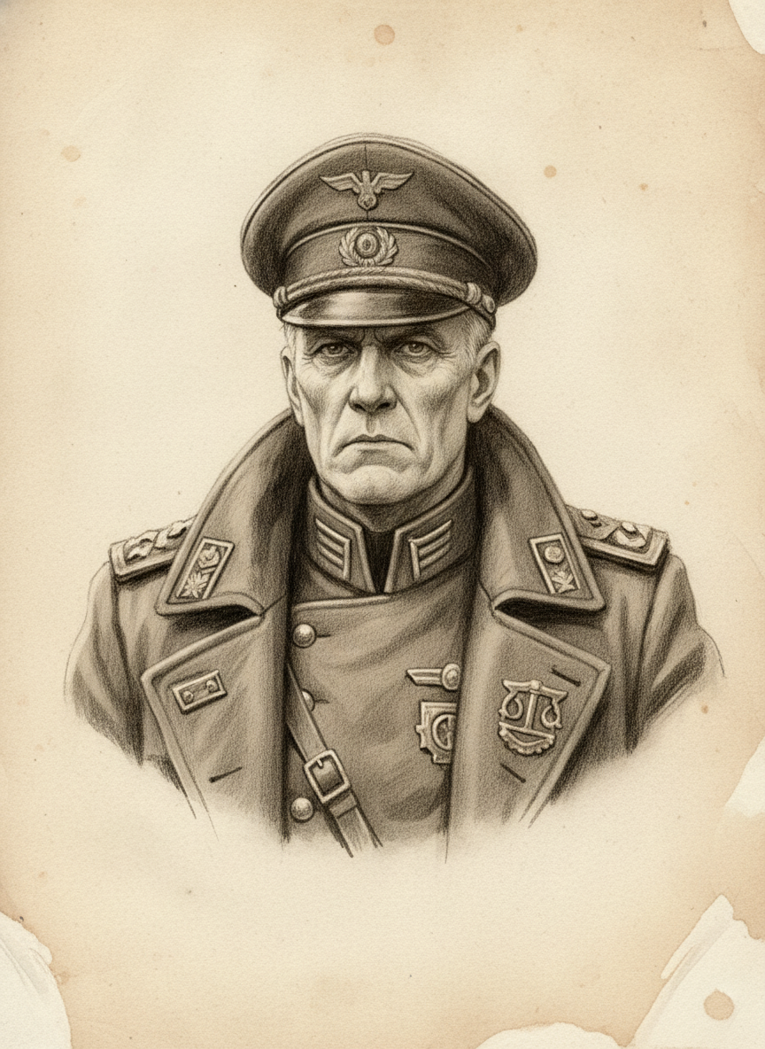 Black and white pencil dossier portrait of Legate-Inspector Theron Vast, shown head and shoulders on vellum.