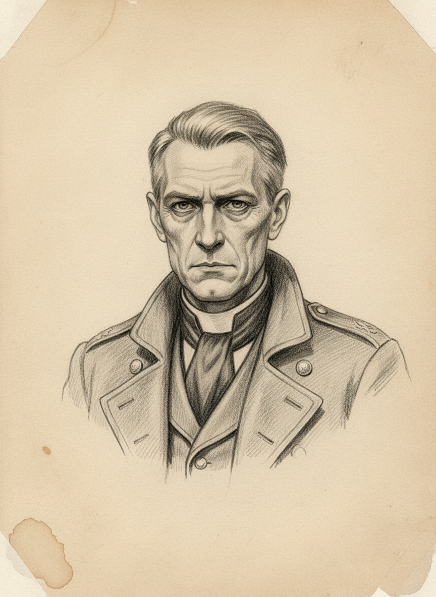 Black and white pencil dossier portrait of Legate-Prior Mertens, shown head and shoulders on vellum.
