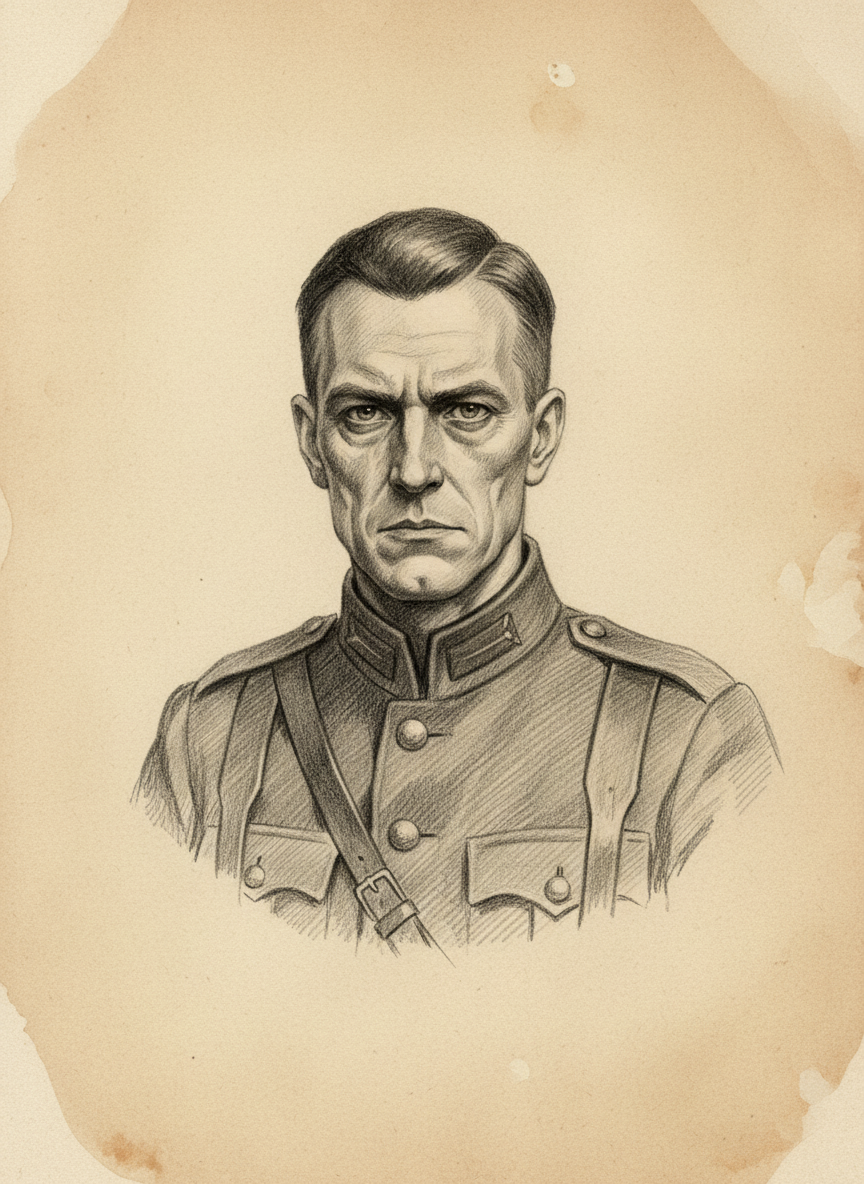 Black and white pencil dossier portrait of Lieutenant Voss, shown head and shoulders on vellum.