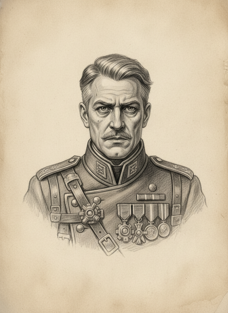 Black and white pencil dossier portrait of Lord-Protector Guillaume, shown head and shoulders on vellum.