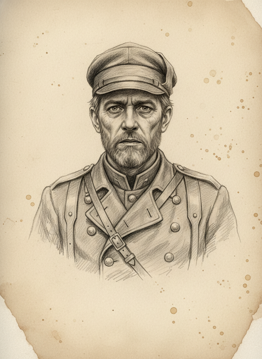 Black and white pencil dossier portrait of Lucien Artois, shown head and shoulders on vellum.