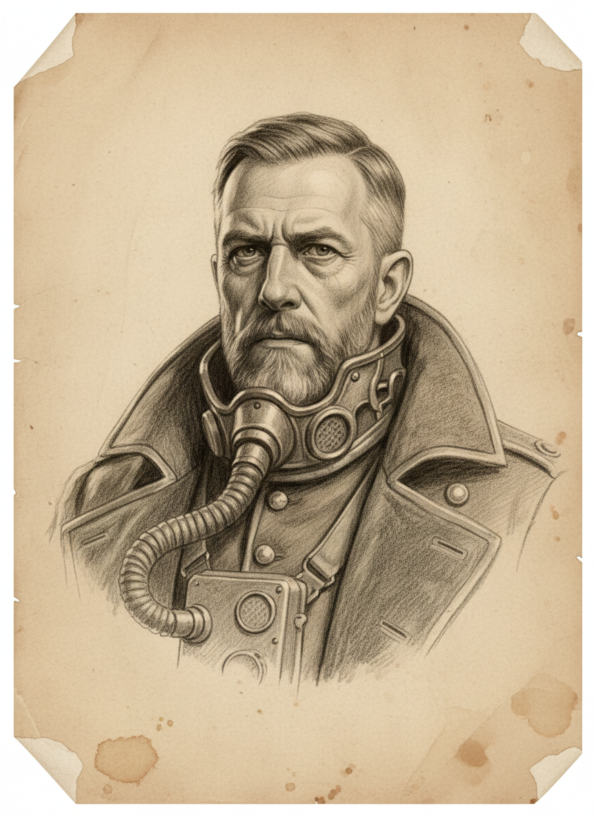 Black and white pencil dossier portrait of Master Cantor Vell, shown head and shoulders on vellum.