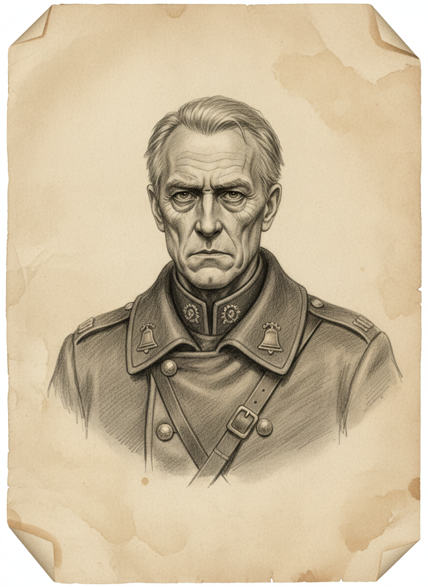 Black and white pencil dossier portrait of Master-Carillonist Aldo Venn, shown head and shoulders on vellum.