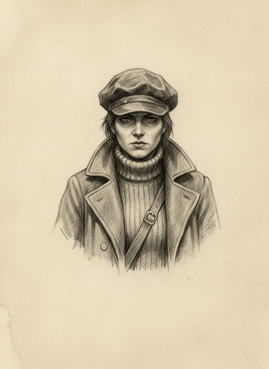 Black and white pencil dossier portrait of Mira Slate, shown head and shoulders on vellum.