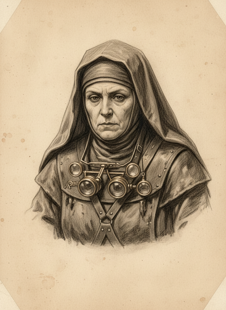 Black and white pencil dossier portrait of Mother-Cryptor Sabine, shown head and shoulders on vellum.