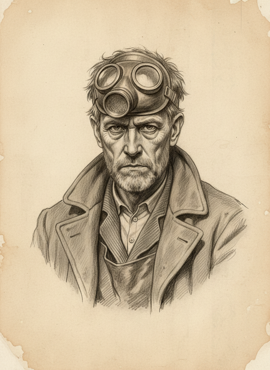 Black and white pencil dossier portrait of Old Sable, shown head and shoulders on vellum.