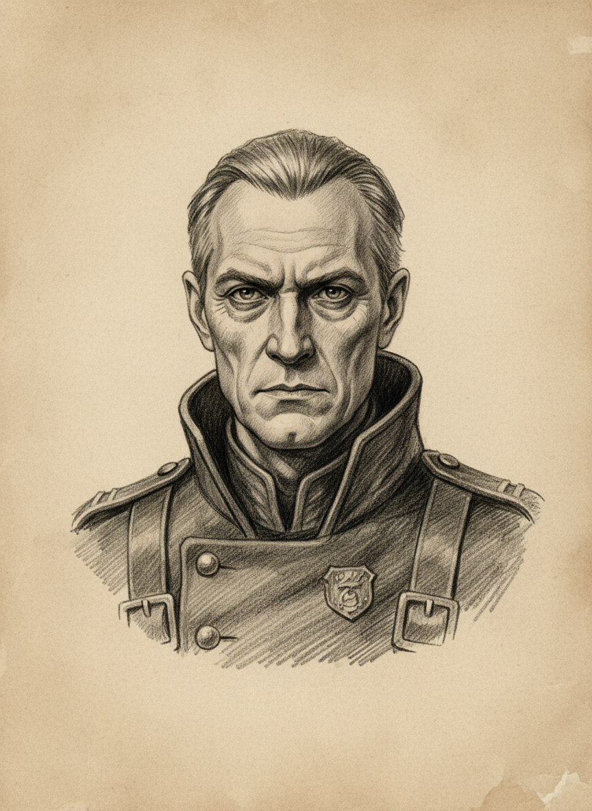 Black and white pencil dossier portrait of Paper Keeper Alzen Voss, shown head and shoulders on vellum.