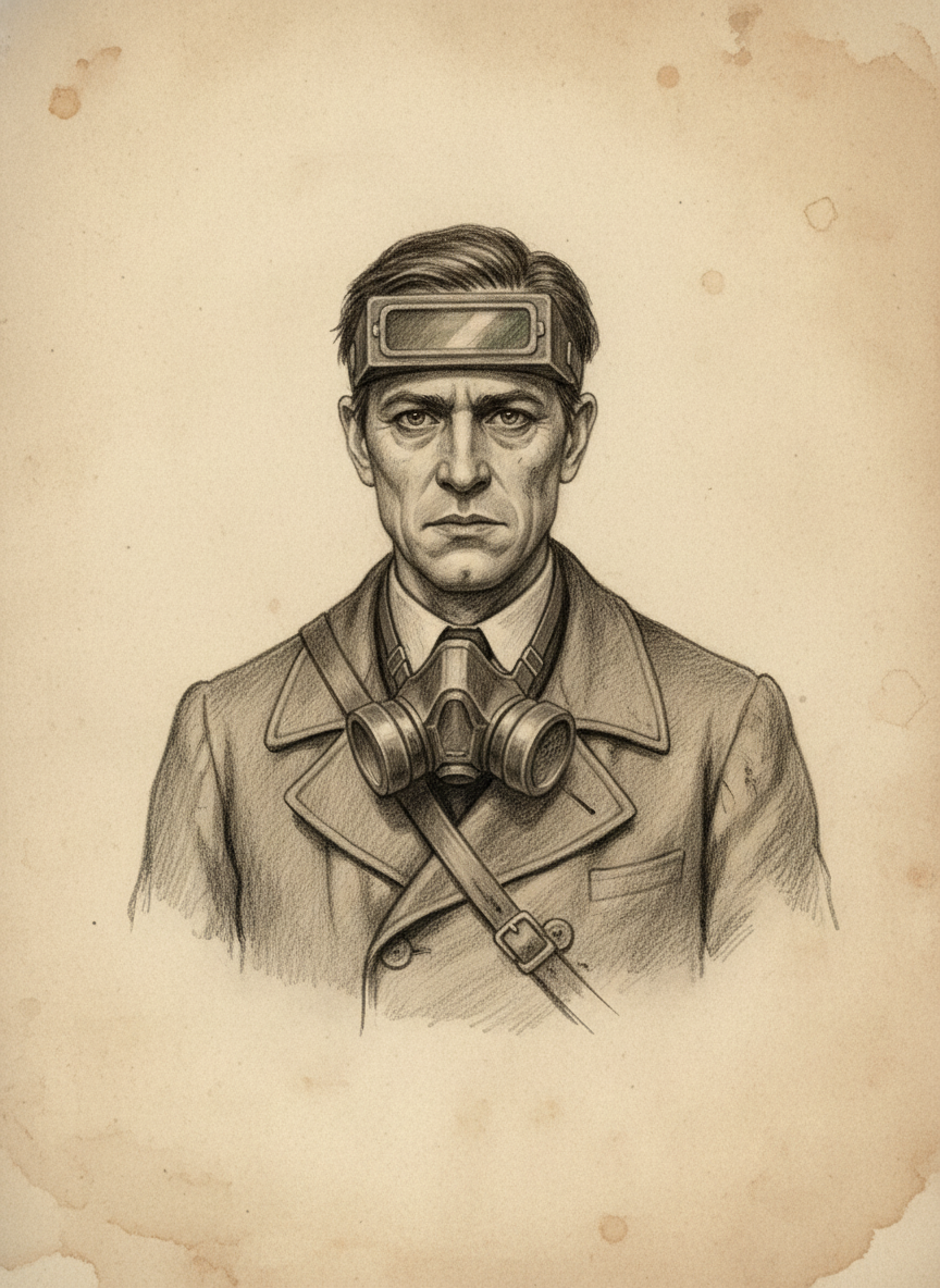 Black and white pencil dossier portrait of Paper Keeper Seld, shown head and shoulders on vellum.