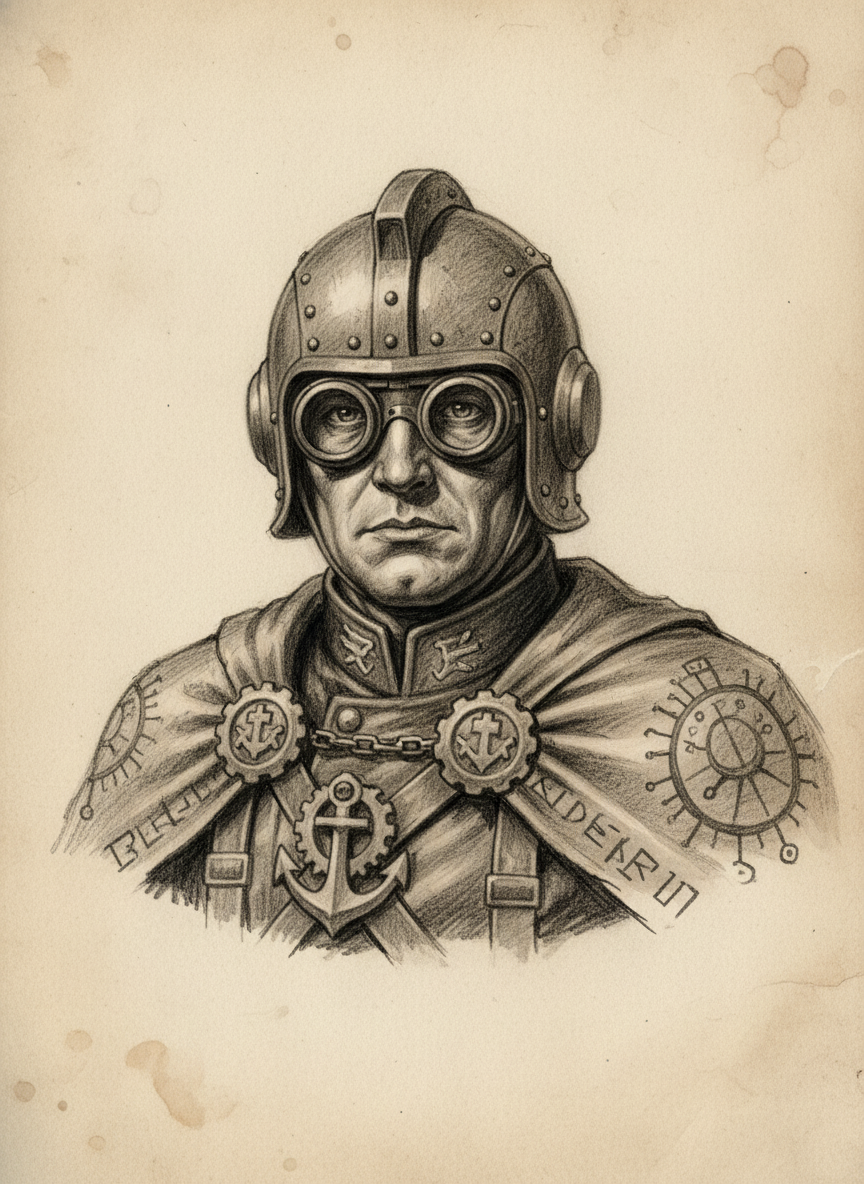 Black and white pencil dossier portrait of Pilot-King Nenos, shown head and shoulders on vellum.