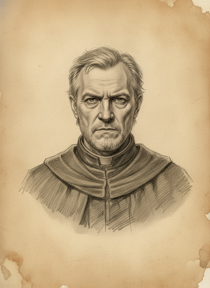 Black and white pencil dossier portrait of Pontifex Submersis, shown head and shoulders on vellum.