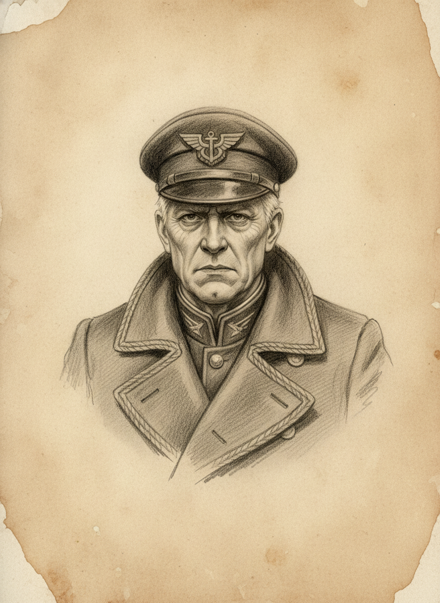 Black and white pencil dossier portrait of Praefect-Naval Cassius Tern, shown head and shoulders on vellum.