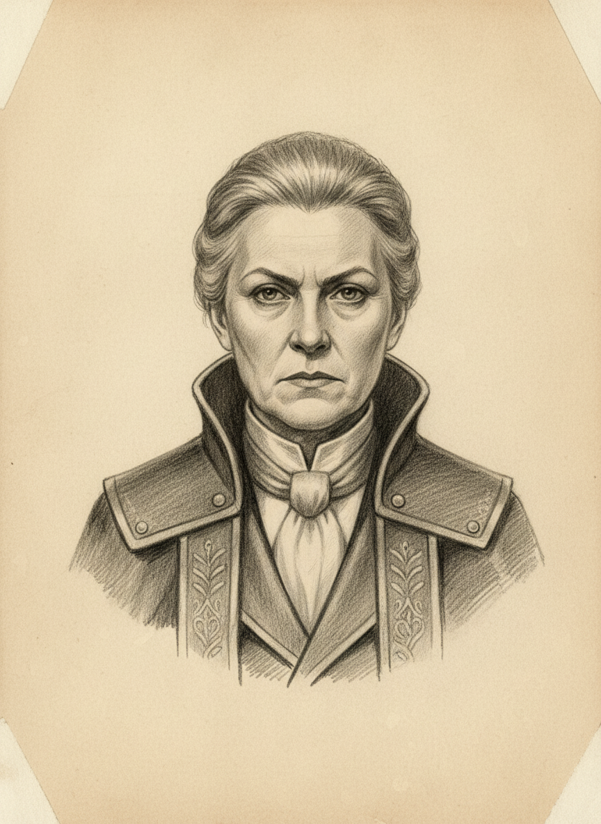 Black and white pencil dossier portrait of Presiding Judge Elsbeth Krail, shown head and shoulders on vellum.