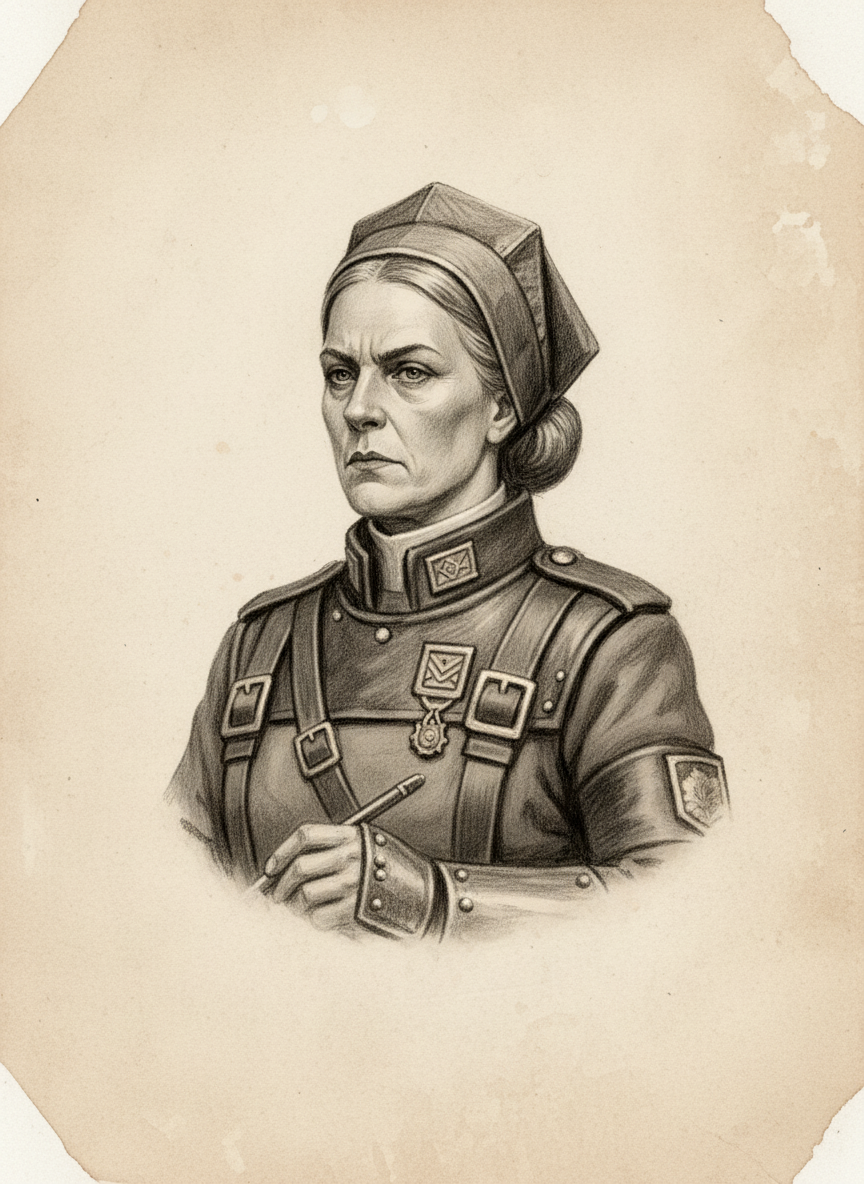 Black and white pencil dossier portrait of Procurator Hildegarde of Mainz, shown head and shoulders on vellum.