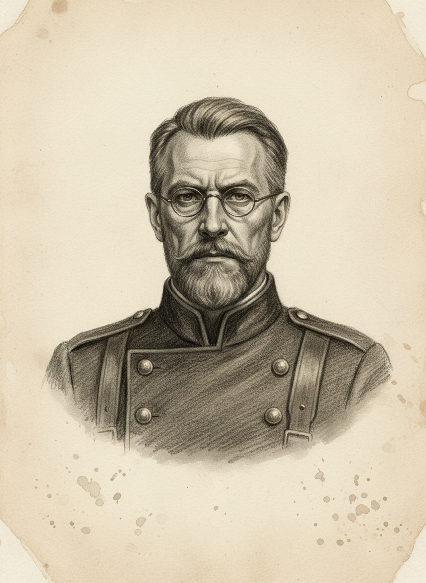 Black and white pencil dossier portrait of Rector-Chaplain Wendelin Grau, shown head and shoulders on vellum.