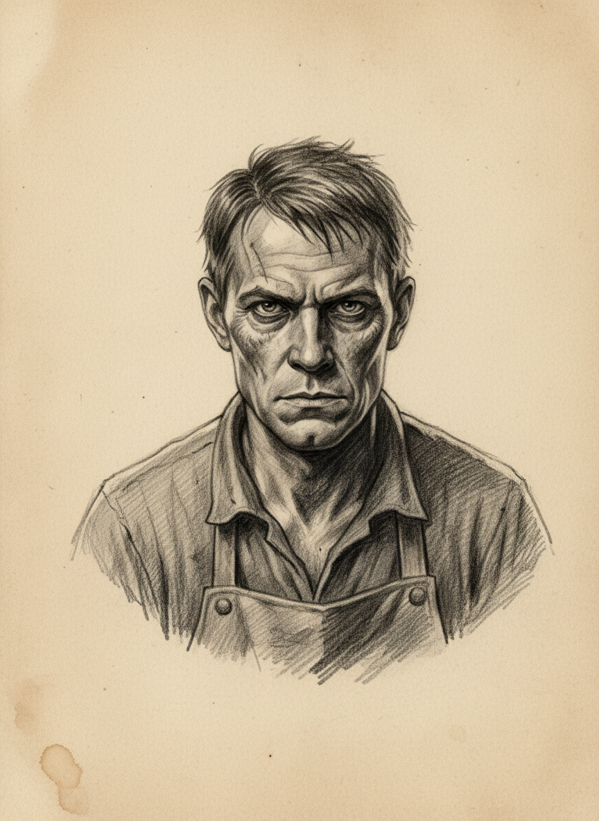 Black and white pencil dossier portrait of Reed, shown head and shoulders on vellum.