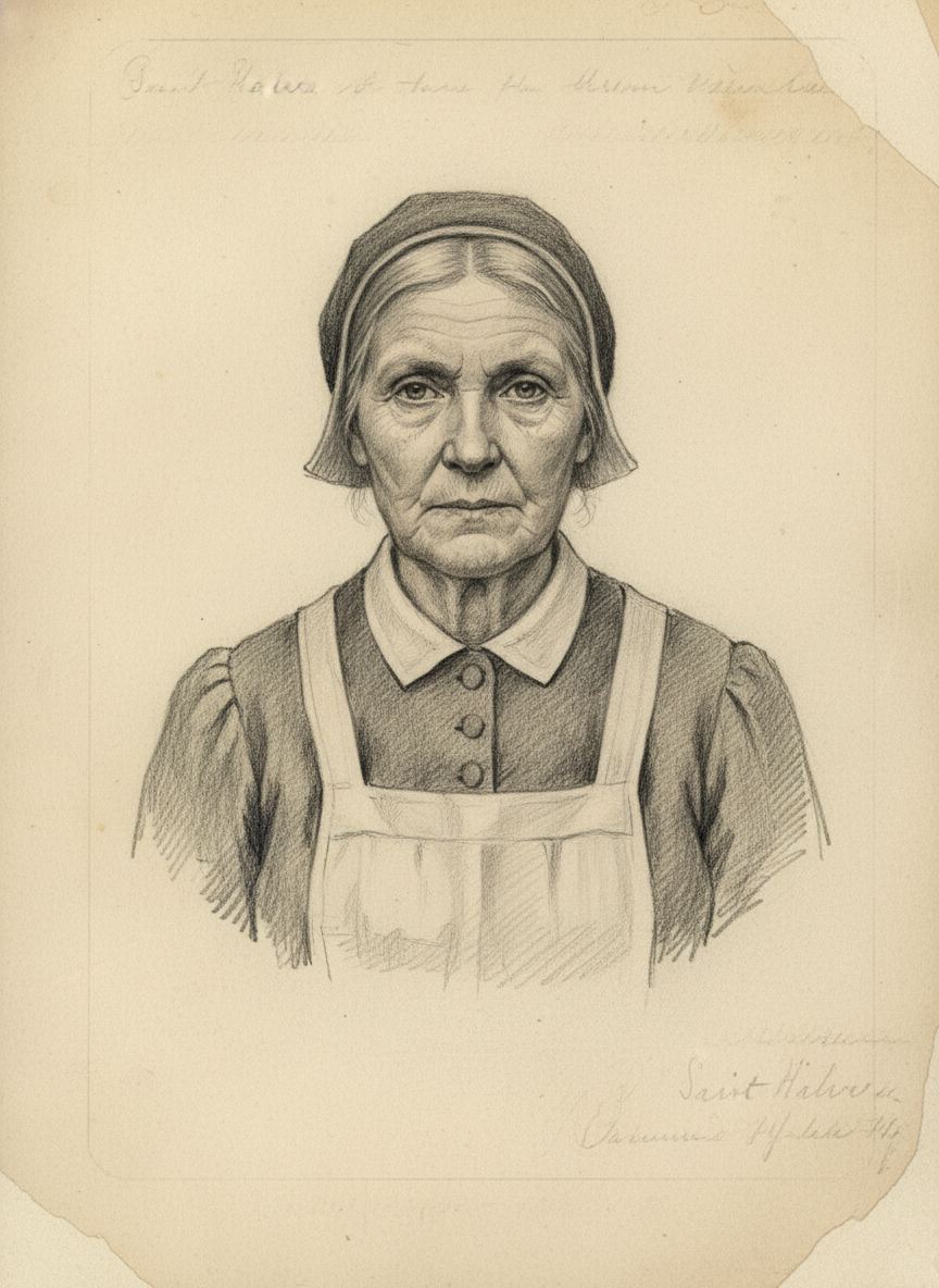 Black and white pencil dossier portrait of Saint Halva of the Warm Ladle, shown head and shoulders on vellum.