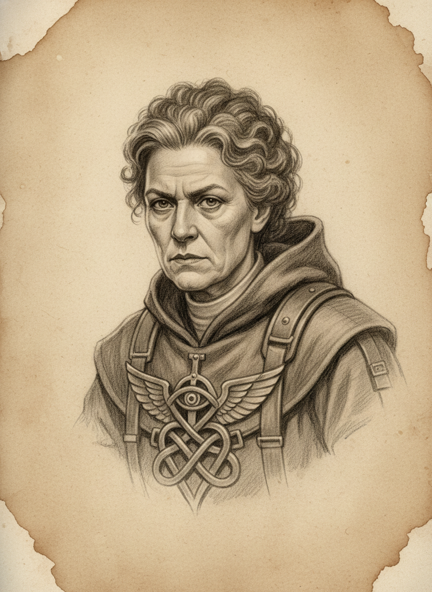 Black and white pencil dossier portrait of Saint Liora Knot-Hand, shown head and shoulders on vellum.