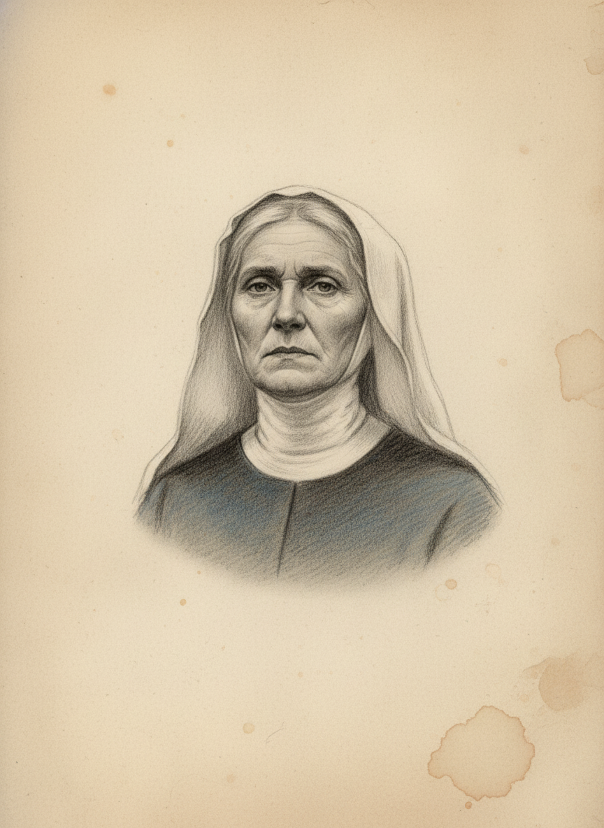 Black and white pencil dossier portrait of Saint Margaux of the First Blood, shown head and shoulders on vellum.