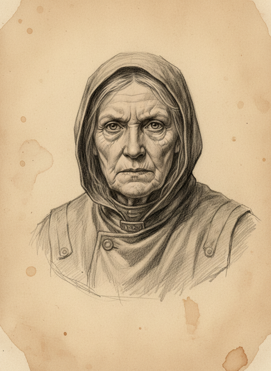 Black and white pencil dossier portrait of Saint Marrow-of-the-Ladle, shown head and shoulders on vellum.