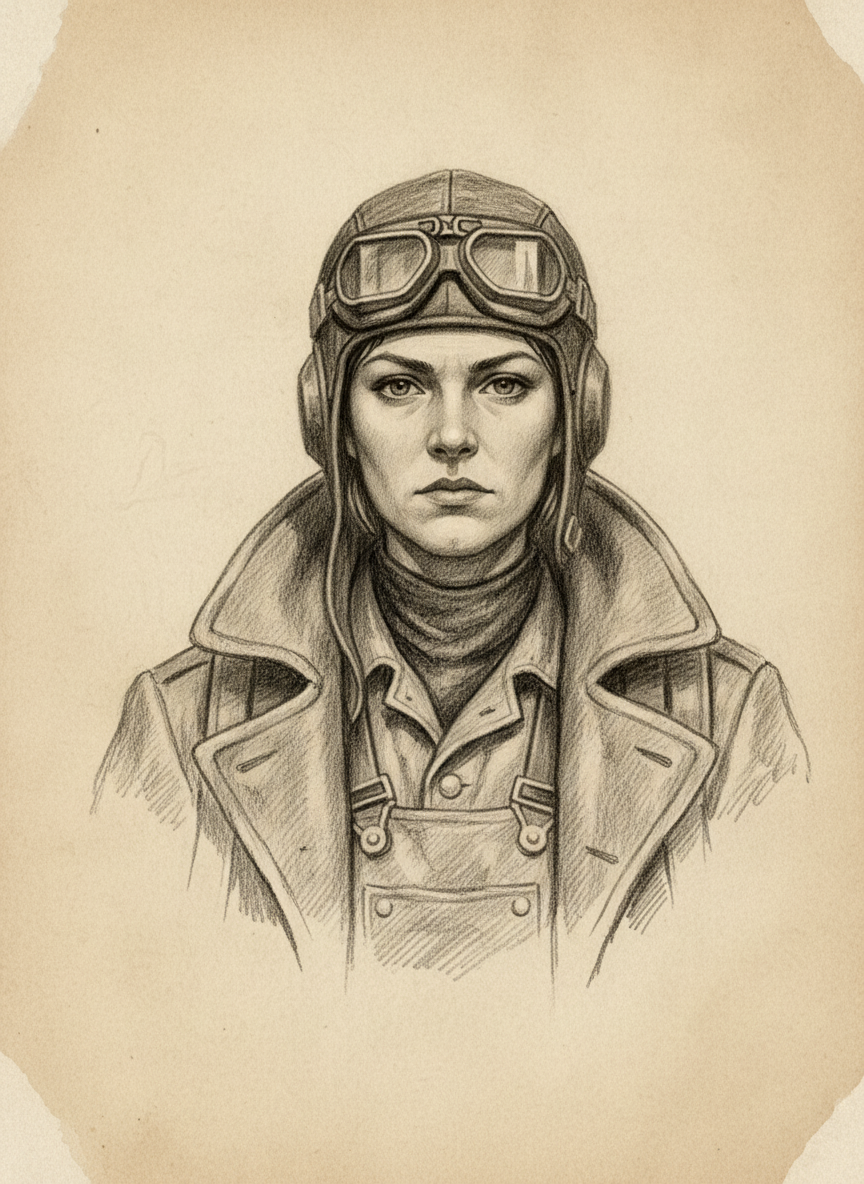 Black and white pencil dossier portrait of Saint Orla of the Steady Note, shown head and shoulders on vellum.