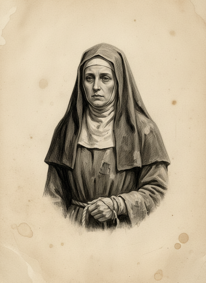 Black and white pencil dossier portrait of Saint Sabina of Ghent, shown head and shoulders on vellum.