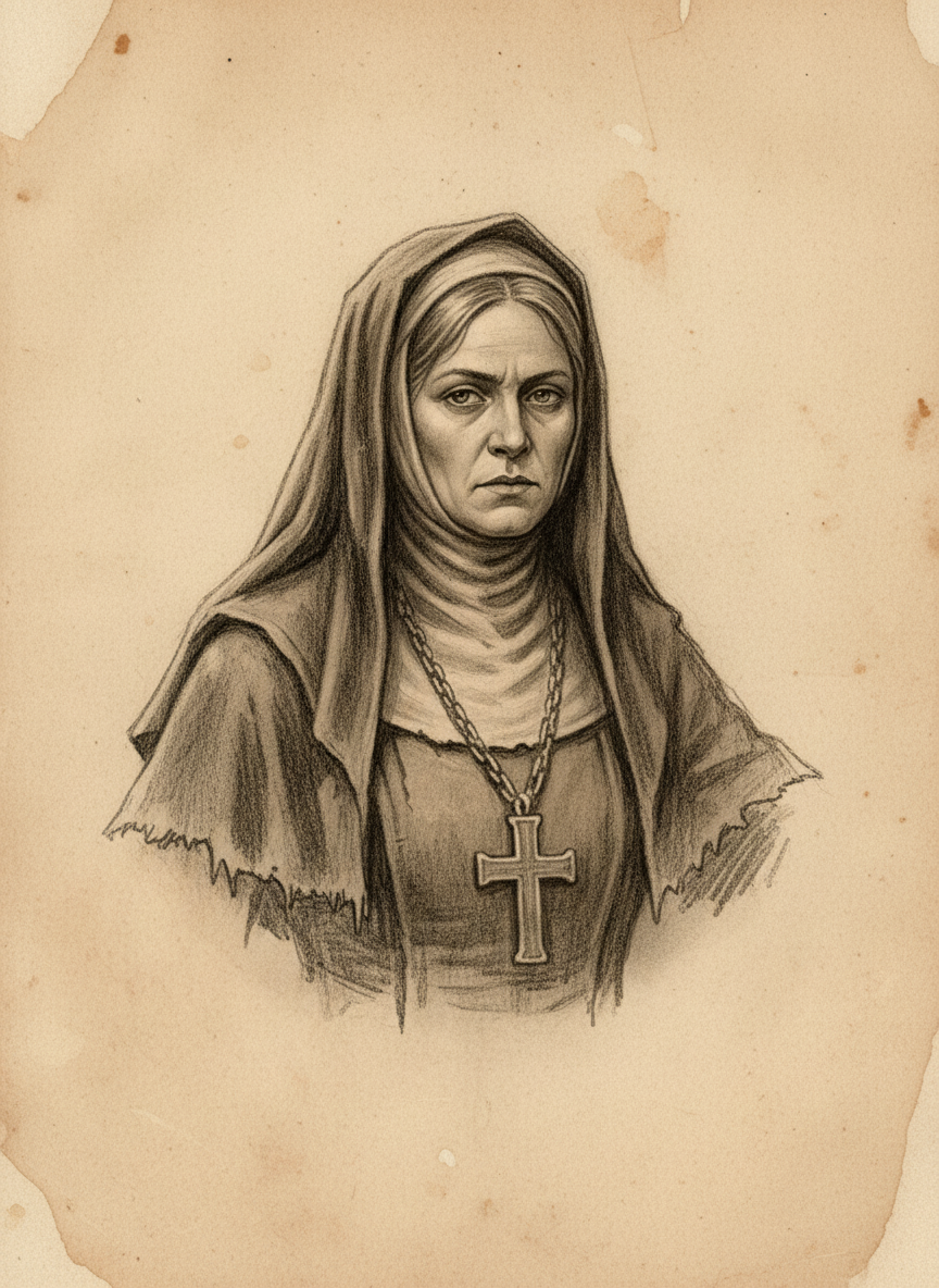 Black and white pencil dossier portrait of Saint Theophania, shown head and shoulders on vellum.