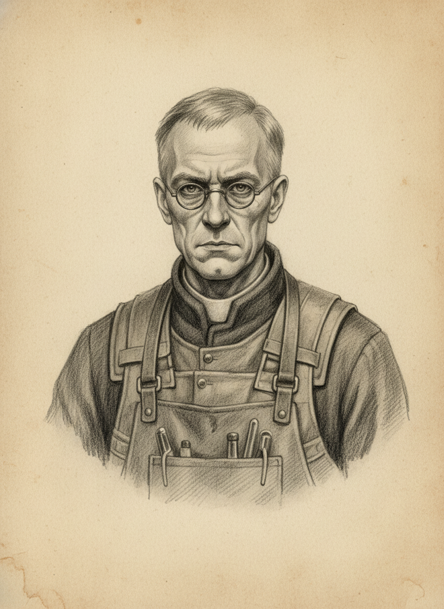Black and white pencil dossier portrait of Saint Velek the Clear-Eyed, shown head and shoulders on vellum.