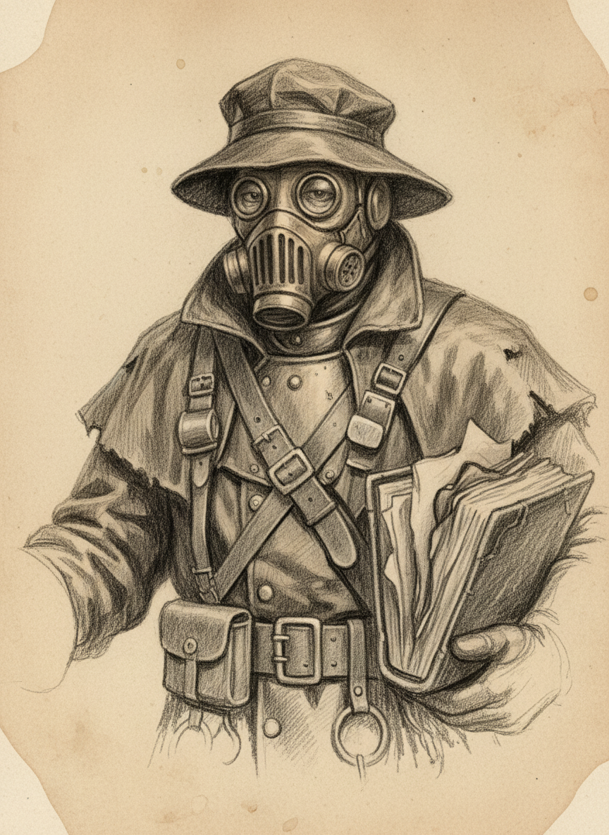 Black and white pencil dossier portrait of Saint Vellum of the Narrow Line, shown head and shoulders on vellum.