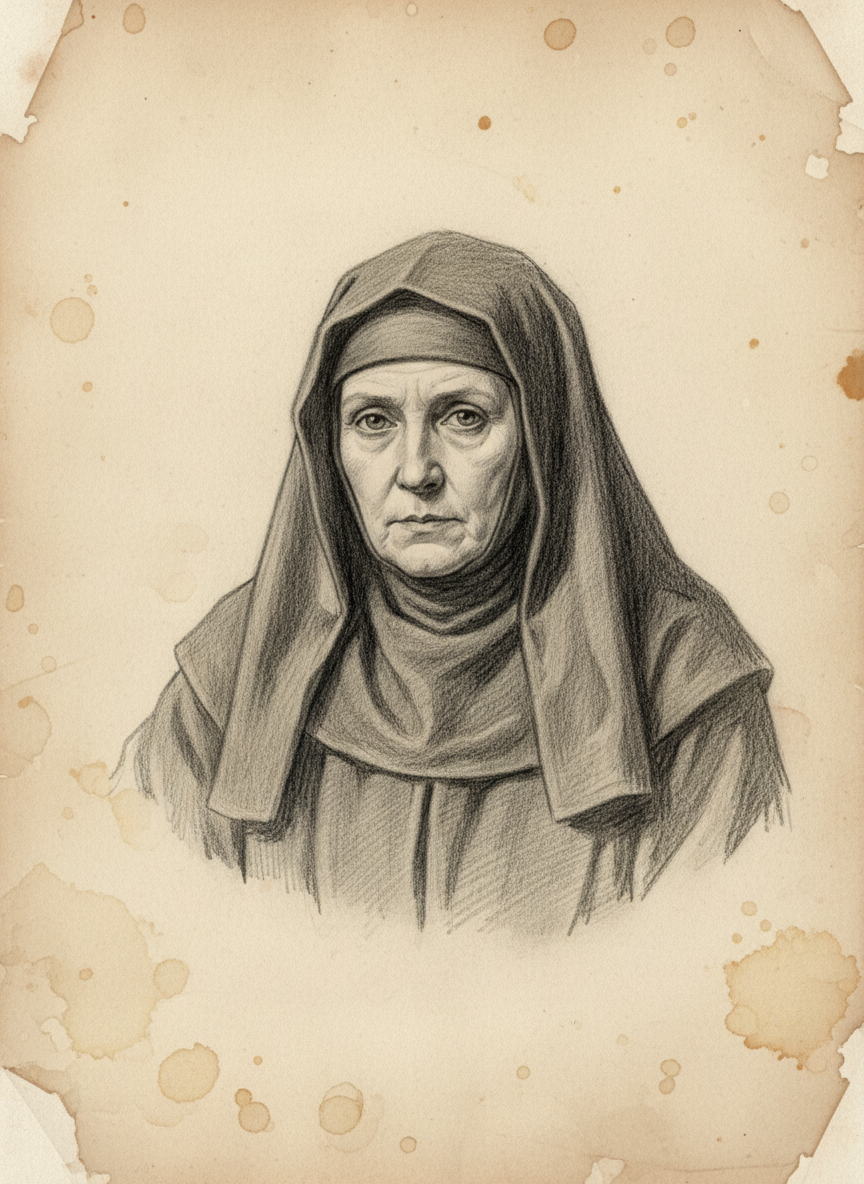 Black and white pencil dossier portrait of Saint Vellum-of-the-Quiet-Hand, shown head and shoulders on vellum.