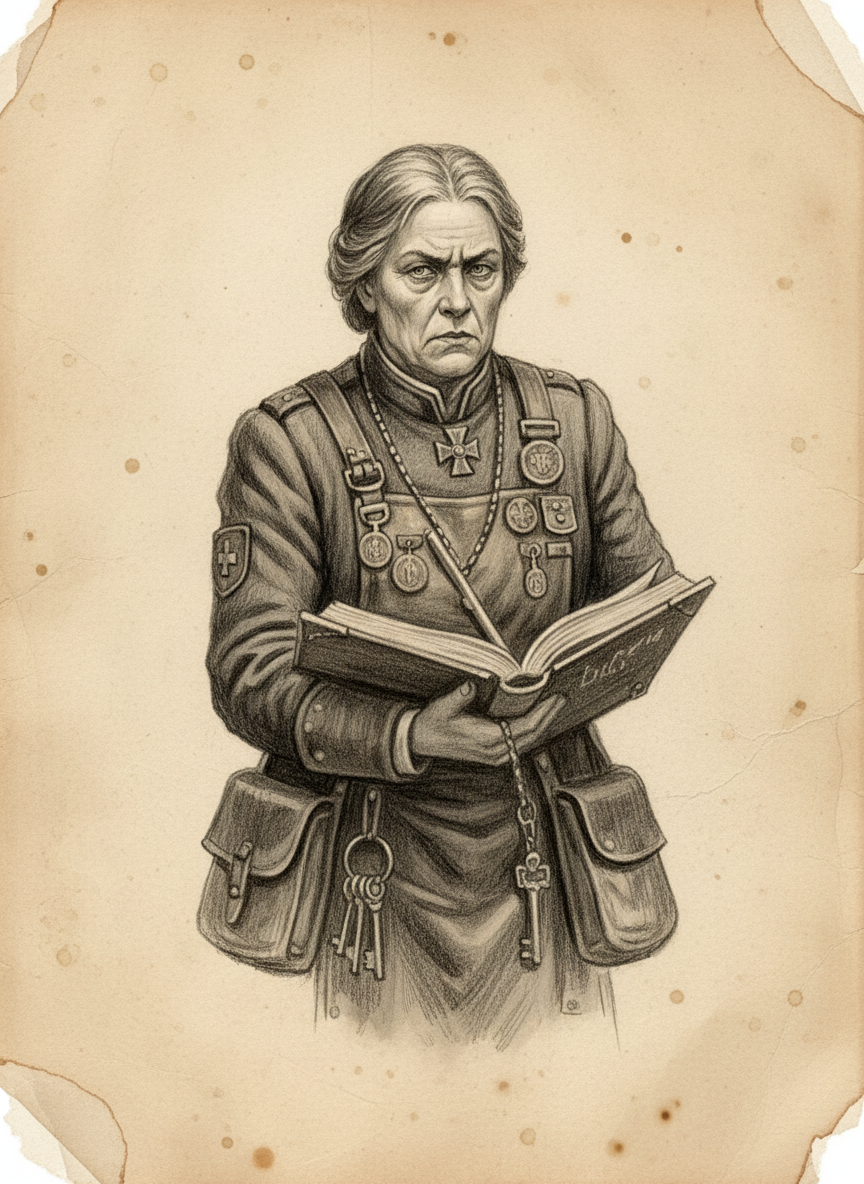 Black and white pencil dossier portrait of Scribe-Mother Hal, shown head and shoulders on vellum.
