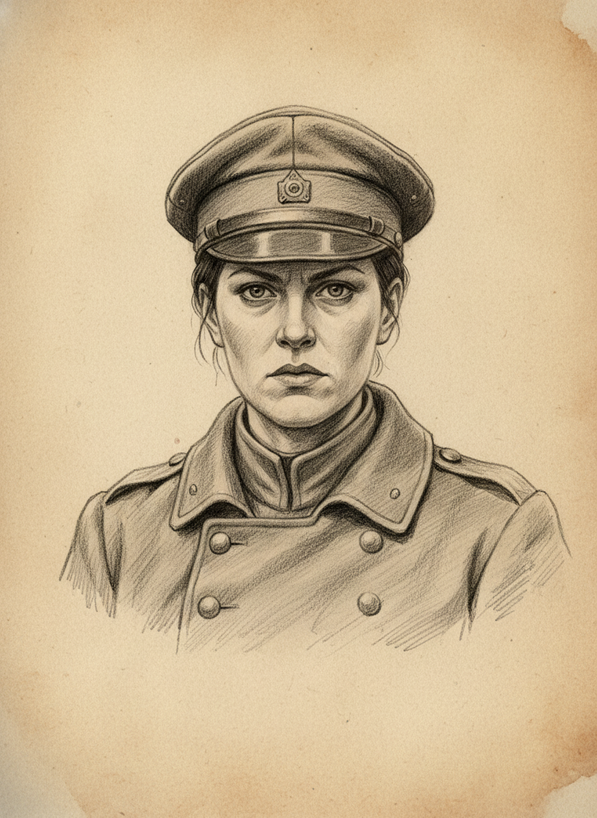 Black and white pencil dossier portrait of Sergeant Elke Voss, shown head and shoulders on vellum.