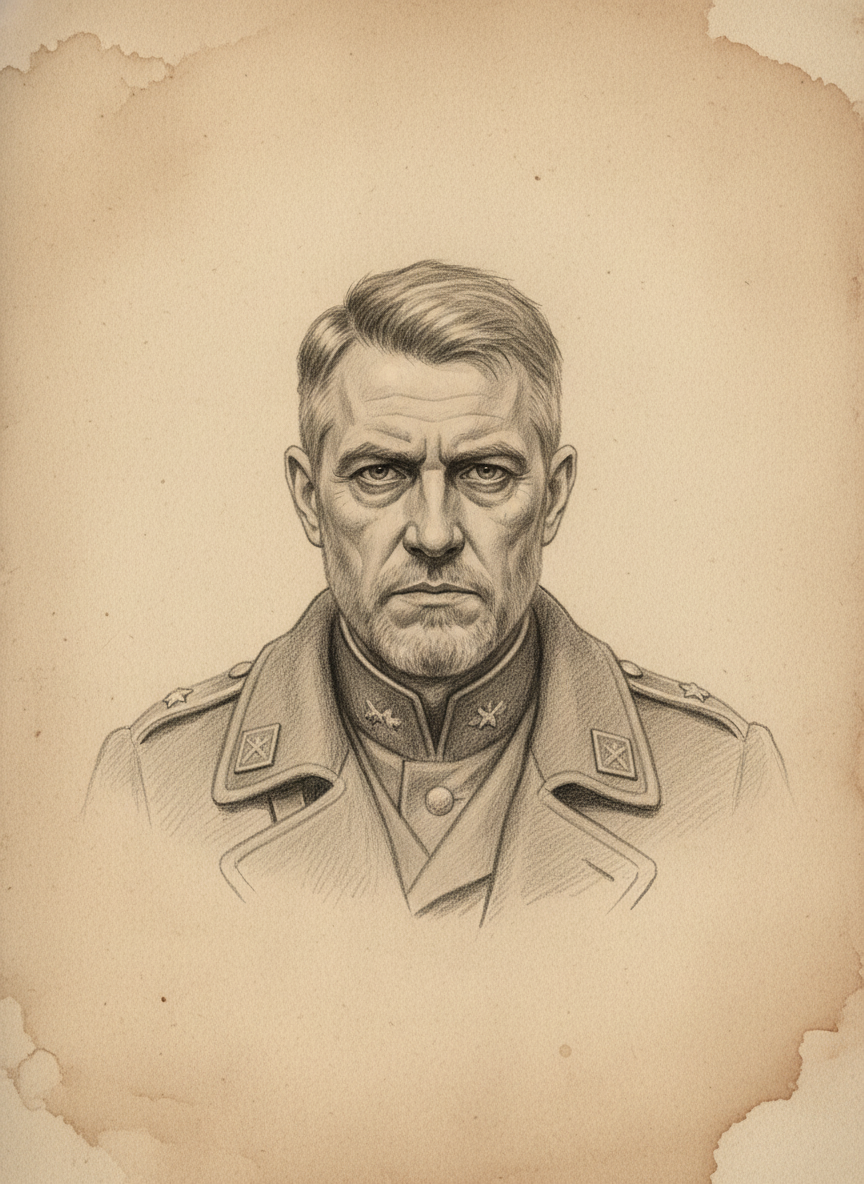 Black and white pencil dossier portrait of Sergeant First Class Halder, shown head and shoulders on vellum.
