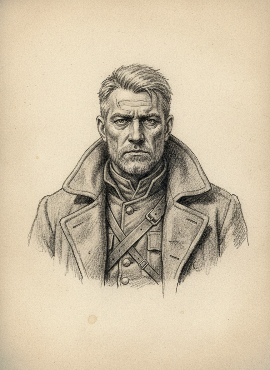 Black and white pencil dossier portrait of Sergeant Kael, shown head and shoulders on vellum.