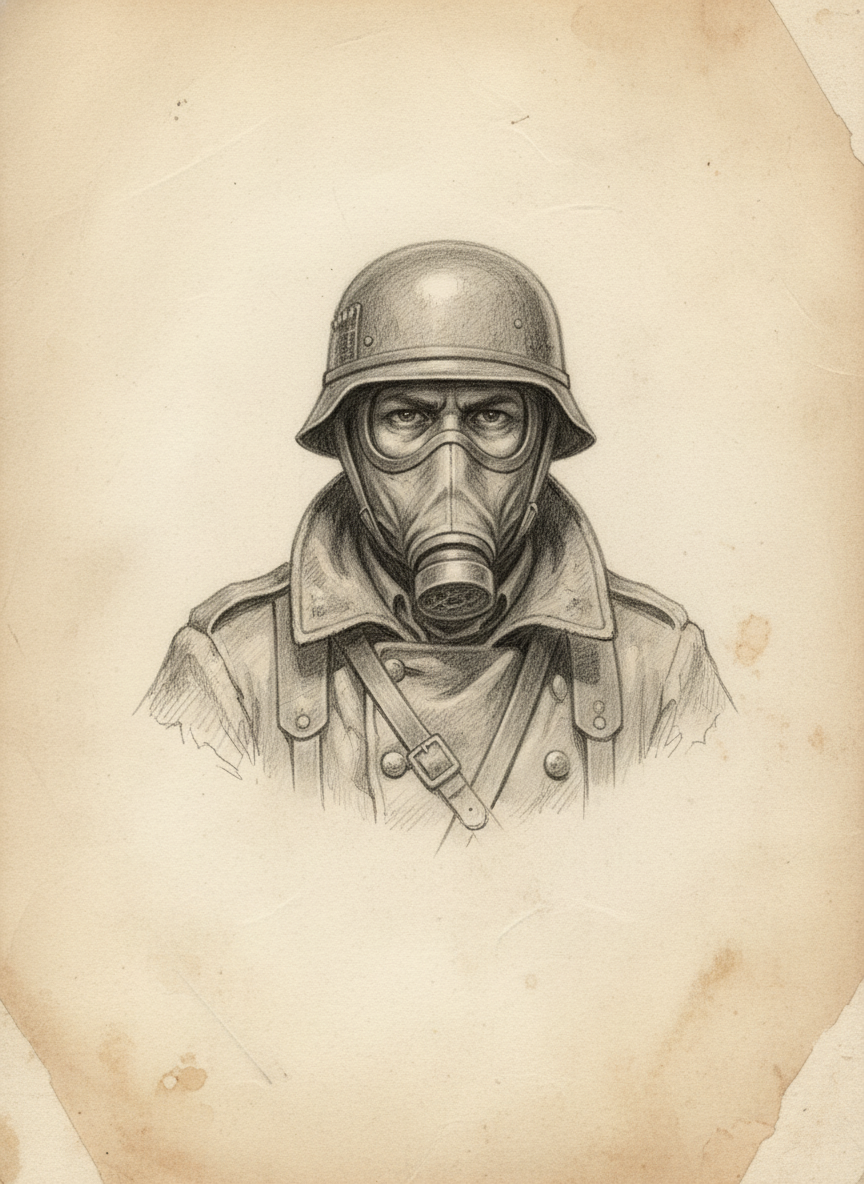 Black and white pencil dossier portrait of Sergeant Vell, shown head and shoulders on vellum.