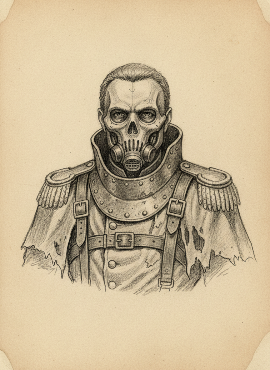 Black and white pencil dossier portrait of Storm Warden Ilex Marr, shown head and shoulders on vellum.