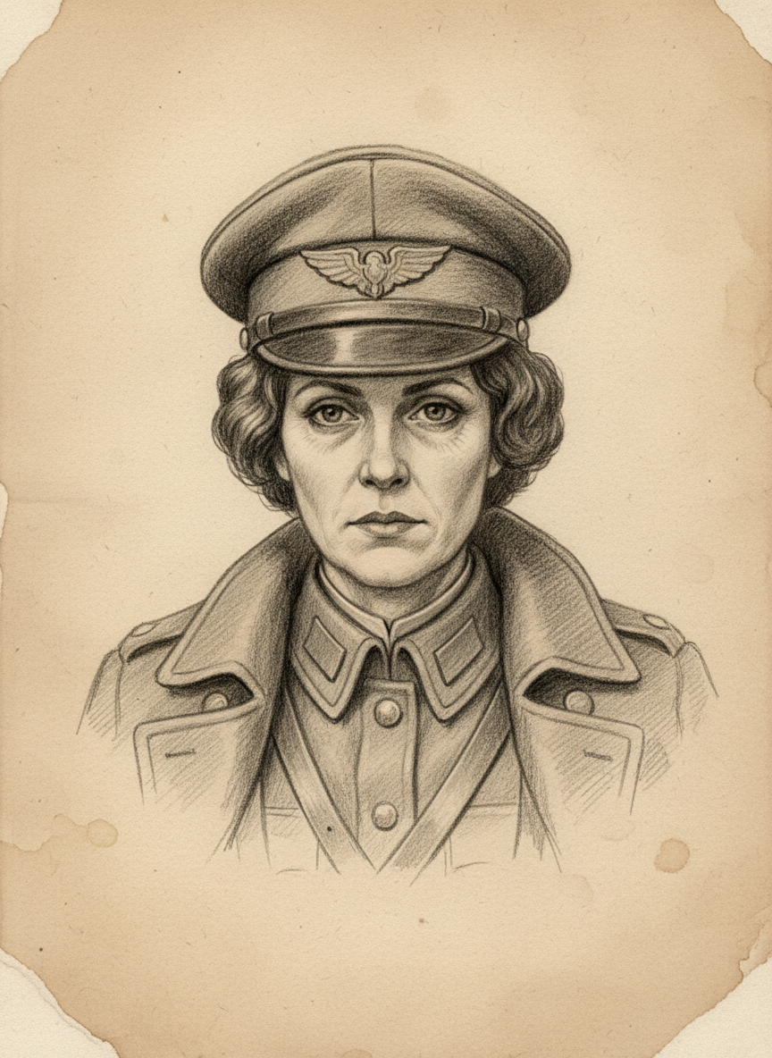Black and white pencil dossier portrait of Sub-Archon Provisional Yvette Langres, shown head and shoulders on vellum.