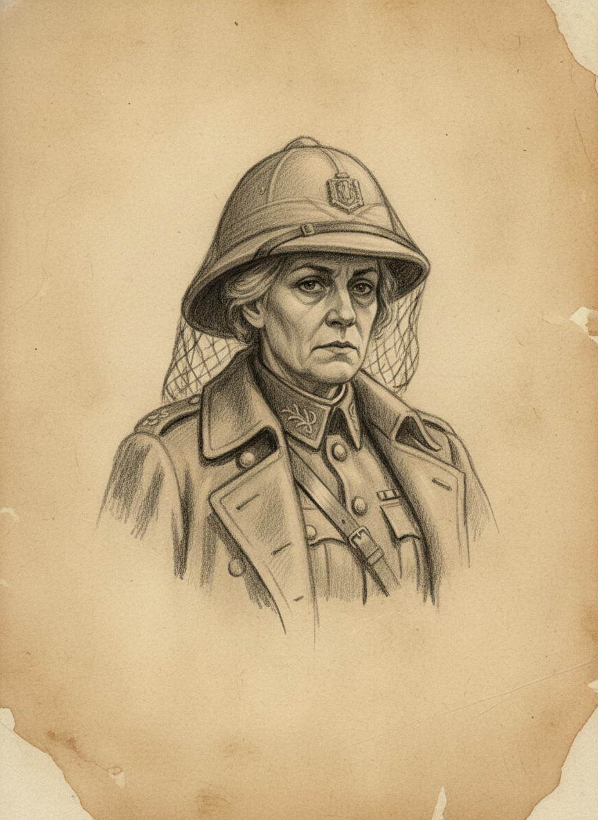 Black and white pencil dossier portrait of The Unnamed Briefing Officer, shown head and shoulders on vellum.