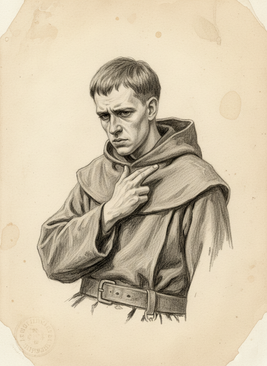 Black and white pencil dossier portrait of Brother Paweł Nowak, shown head and shoulders on vellum.