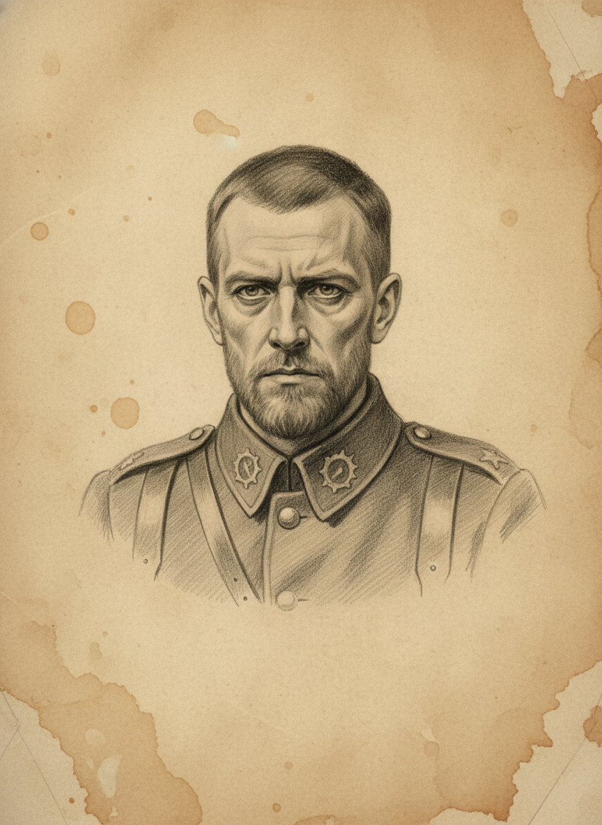 Black and white pencil dossier portrait of Captain Elias Mürren, shown head and shoulders on vellum.