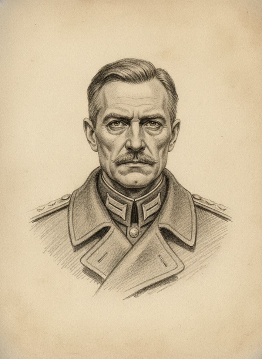 Black and white pencil dossier portrait of Colonel Kreszner, shown head and shoulders on vellum.
