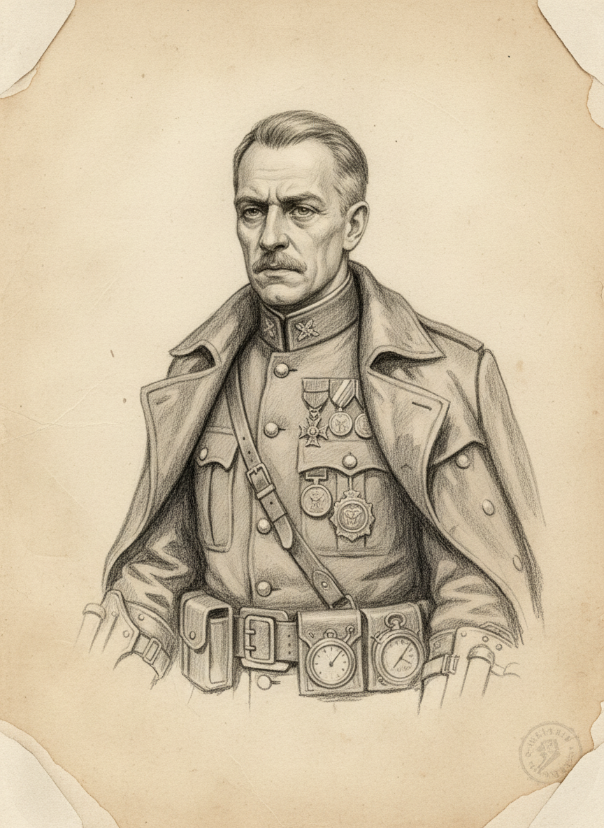 Black and white pencil dossier portrait of Colonel-Prefect Étienne Grimal, shown head and shoulders on vellum.