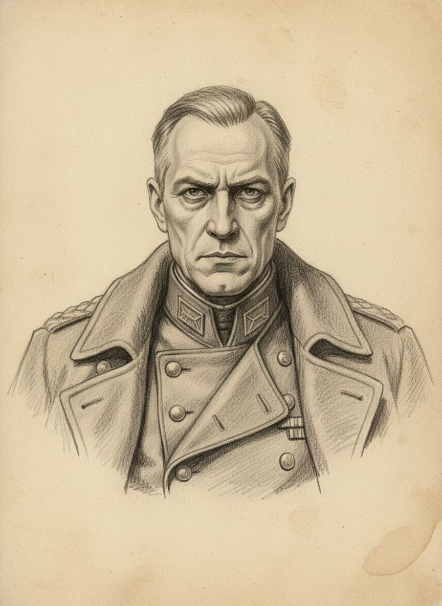 Black and white pencil dossier portrait of Colonel-Prefect Ignaz Brechtold, shown head and shoulders on vellum.