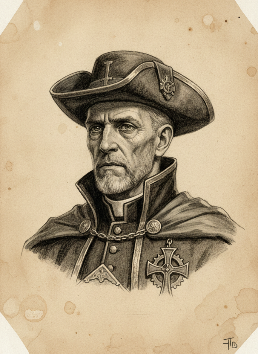 Black and white pencil dossier portrait of Father Clemente de los Rios, shown head and shoulders on vellum.