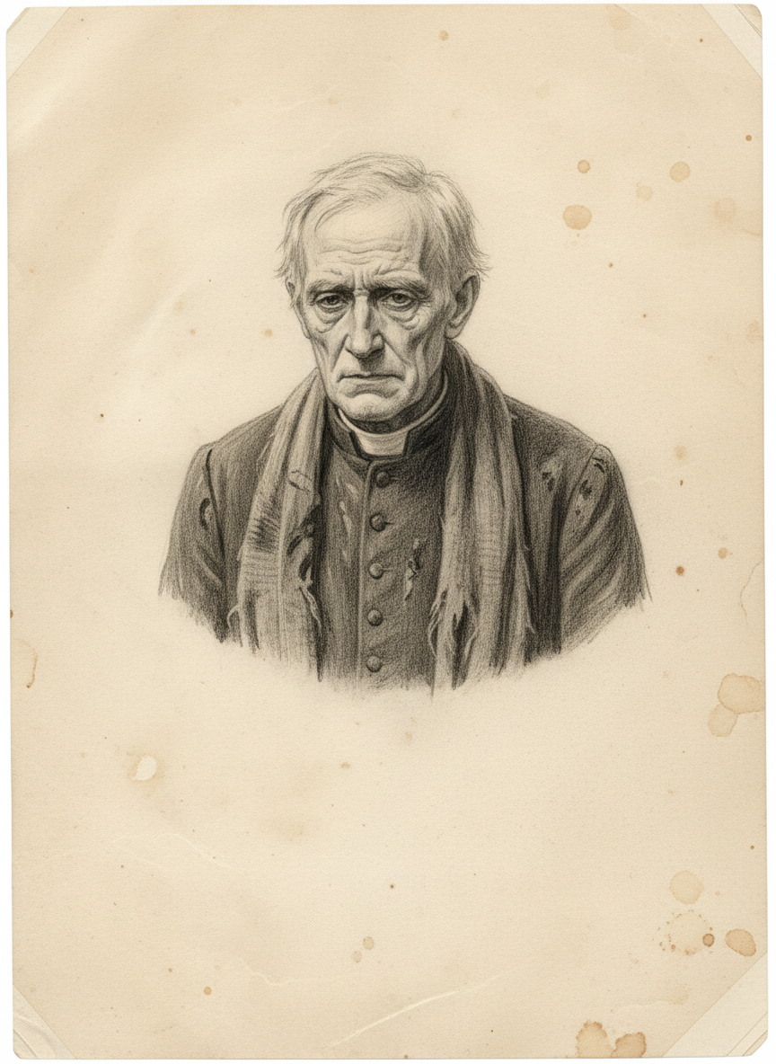 Black and white pencil dossier portrait of Father Janusz Sobecki, shown head and shoulders on vellum.