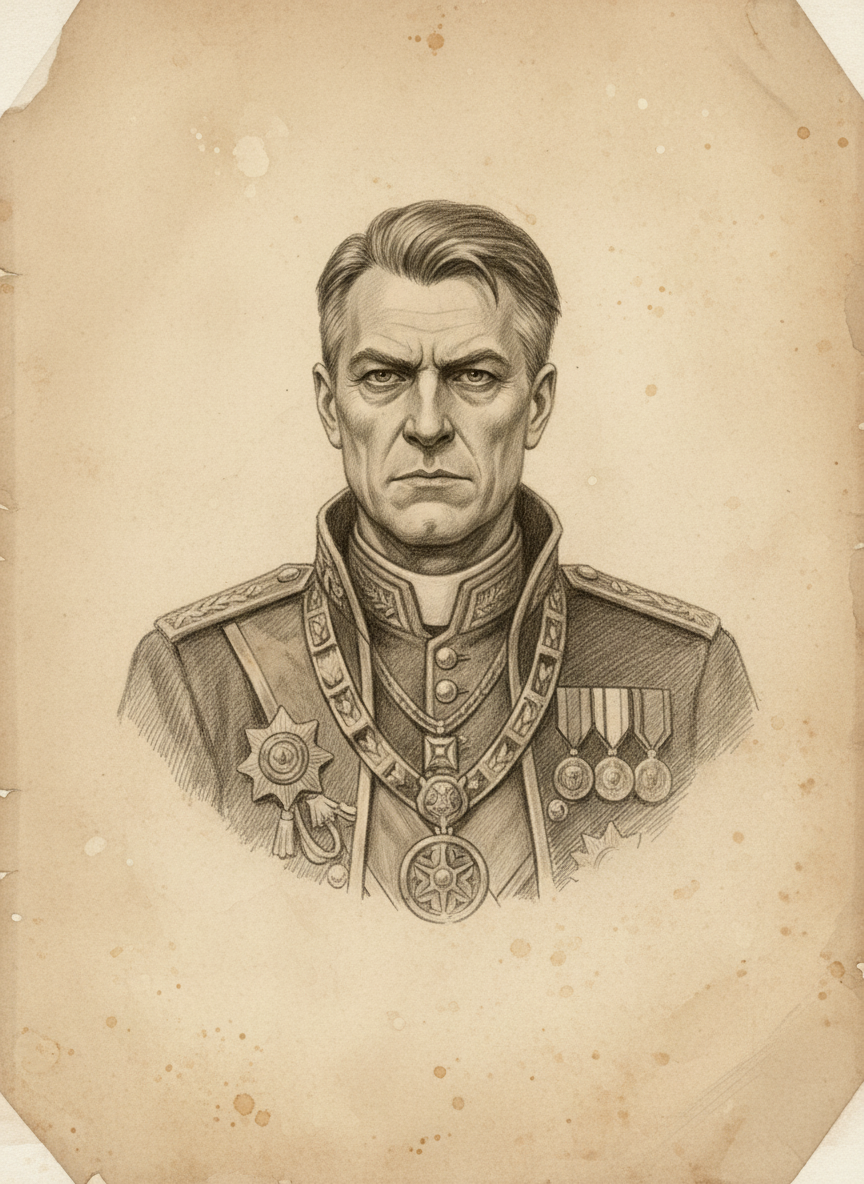 Black and white pencil dossier portrait of Governor-Praelate Alaricus, shown head and shoulders on vellum.