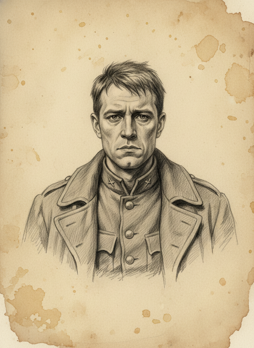 Black and white pencil dossier portrait of Private Kessler, shown head and shoulders on vellum.
