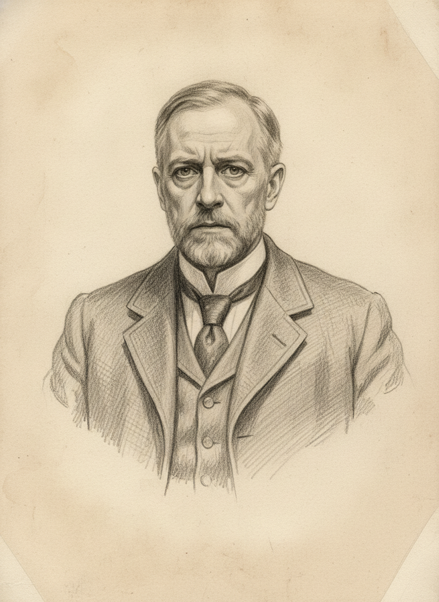 Black and white pencil dossier portrait of Professor Gérard Molyneaux, shown head and shoulders on vellum.