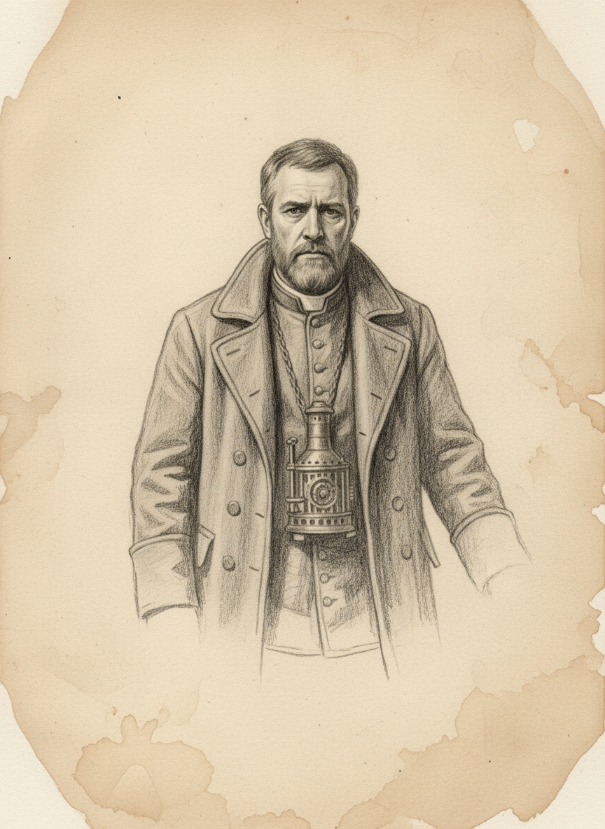 Black and white pencil dossier portrait of Saint Isidore, shown head and shoulders on vellum.