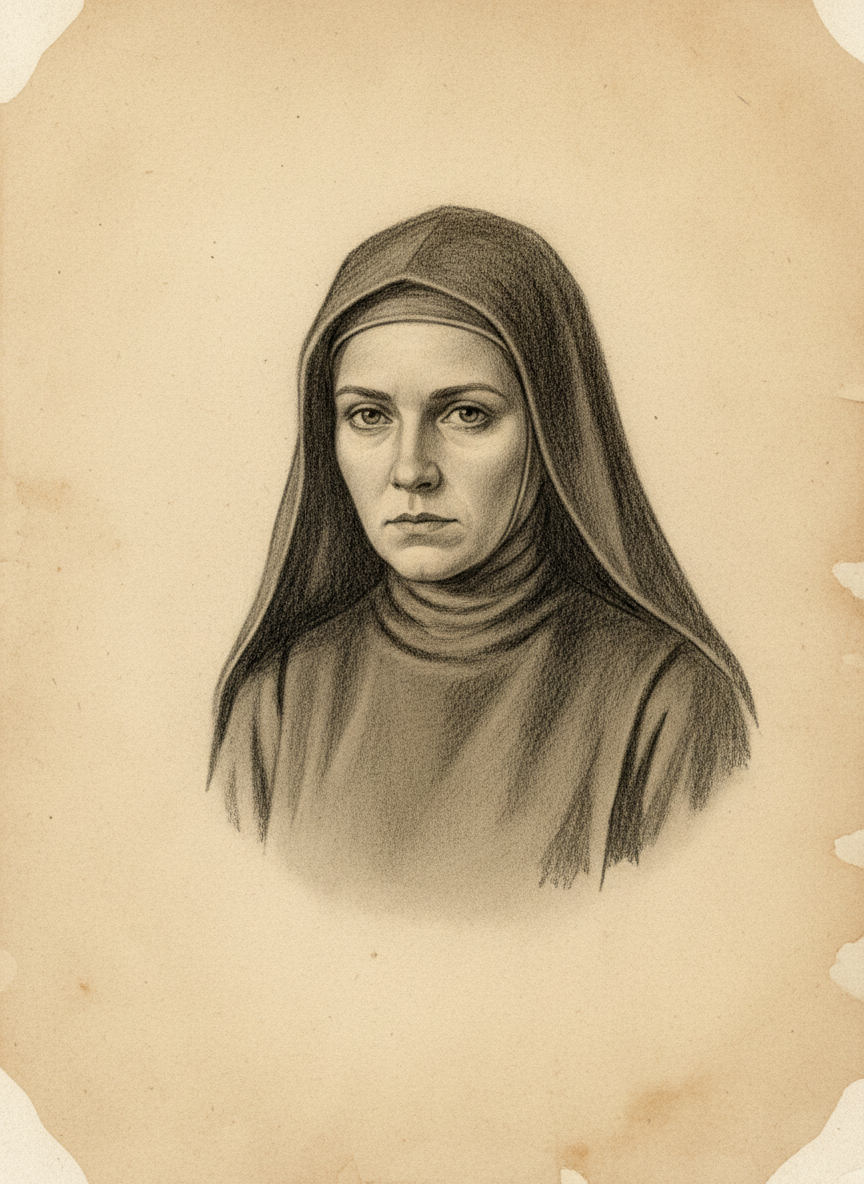 Black and white pencil dossier portrait of Sister Agata Wiśniewska, shown head and shoulders on vellum.